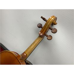 French violin for restoration with 36cm two-piece maple back and ribs and spruce top, bears label 'Lutherie Artistique M. Couturieux'; in wooden case; two modern three-quarter size violins in cases; and five violins for spares or repair