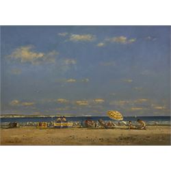 William Burns (British 1923-2010): 'Bright Day' Bridlington Beach, oil on board signed, titled verso 49cm x 70cm
Provenance: direct from the artist's family. Born in Sheffield in 1923, William Burns RIBA FSAI FRSA studied at the Sheffield College of Art, before the outbreak of the Second World War during which he helped illustrate the official War Diaries for the North Africa Campaign, and was elected a member of the Armed Forces Art Society. On his return to England, he studied architecture at Sheffield University and later ran his own successful practice, being a member of the Royal Institute of British Architects. However, painting had always been his self-confessed 'first love', and in the 1970s he gave up architecture to become a full-time artist, having his first one-man exhibition in 1979.