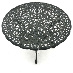 Circular wrought metal garden table, scrolling supports, painted green finish (D91cm, H69cm) and pair armchairs (W53cm)