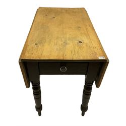Victorian pine drop leaf table, single end drawer