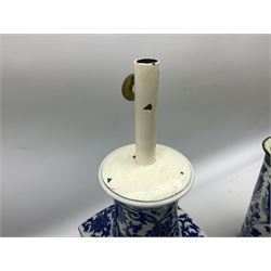 Japanese blue and white crackle glaze cylindrical vase, with character marks beneath, and blue and white table lamp with hardwood base, H44cm