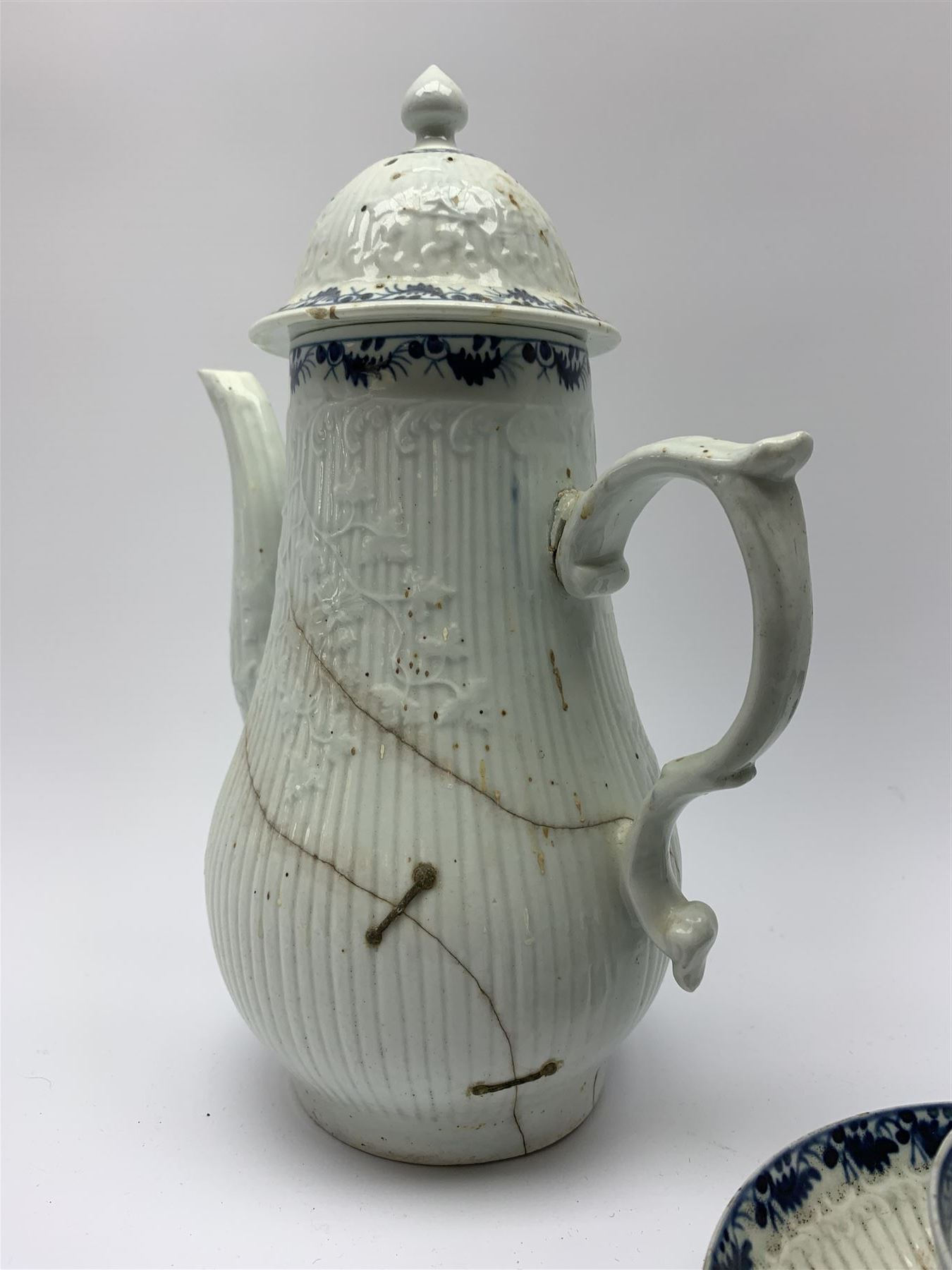 18th century Phillip Christian Liverpool reeded and floral moulded tea wares, comprising coffee pot, tea bowl and saucer, and coffee cup and saucer, each detailed with foliate and trellis borders, teapot H25cm, tea bowl D7.5cm, saucer D13cm 