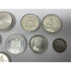 United States of America 1896 Morgan one dollar coin, 1893 'Columbian Exposition' commemorative half dollar, 1945 standing Liberty half dollar, Queen Elizabeth II Australia 1993 one ounce fine silver dollar, Canada 1967 and 1995 one dollar coins etc (15)