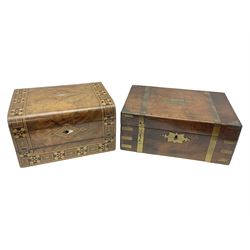 Victorian mahogany writing slope, the brass bound hinged cover opening to reveal tooled leather and gilt interior with two glass inkwells, together with a similar parquetry inlaid writing slope, with central mother of pearl inlay enrgraved 'Sarah', tallest H17cm 
