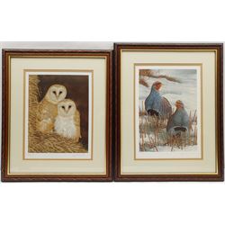 Robert E Fuller (British 1972-): 'Owls Snuggled Up' and 'Greys on Winter Stubble', two limited edition colour prints signed and numbered in pencil 32cm x 24cm and 34cm x 24cm (2)