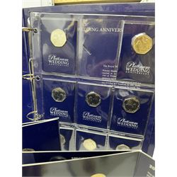 Mostly Commemorative coins and sets, including 'The Queen Victoria Half Crown Set' comprising 1886, 1887 and 1900 half crowns, The Royal Mint United Kingdom 2016 and 2017 twenty pound fine silver coins on cards,  Queen Elizabeth II 2018 'Beatrix Potter' fifty pence coins, Isle of Man 2018 'H.M. The Queen's Coronation 65th Anniversary' fifty pence coin collection, two Australia one ounce fine silver one dollar rectangular coins dated 2018, 2019 etc, housed in two hard shell coin cases and loose