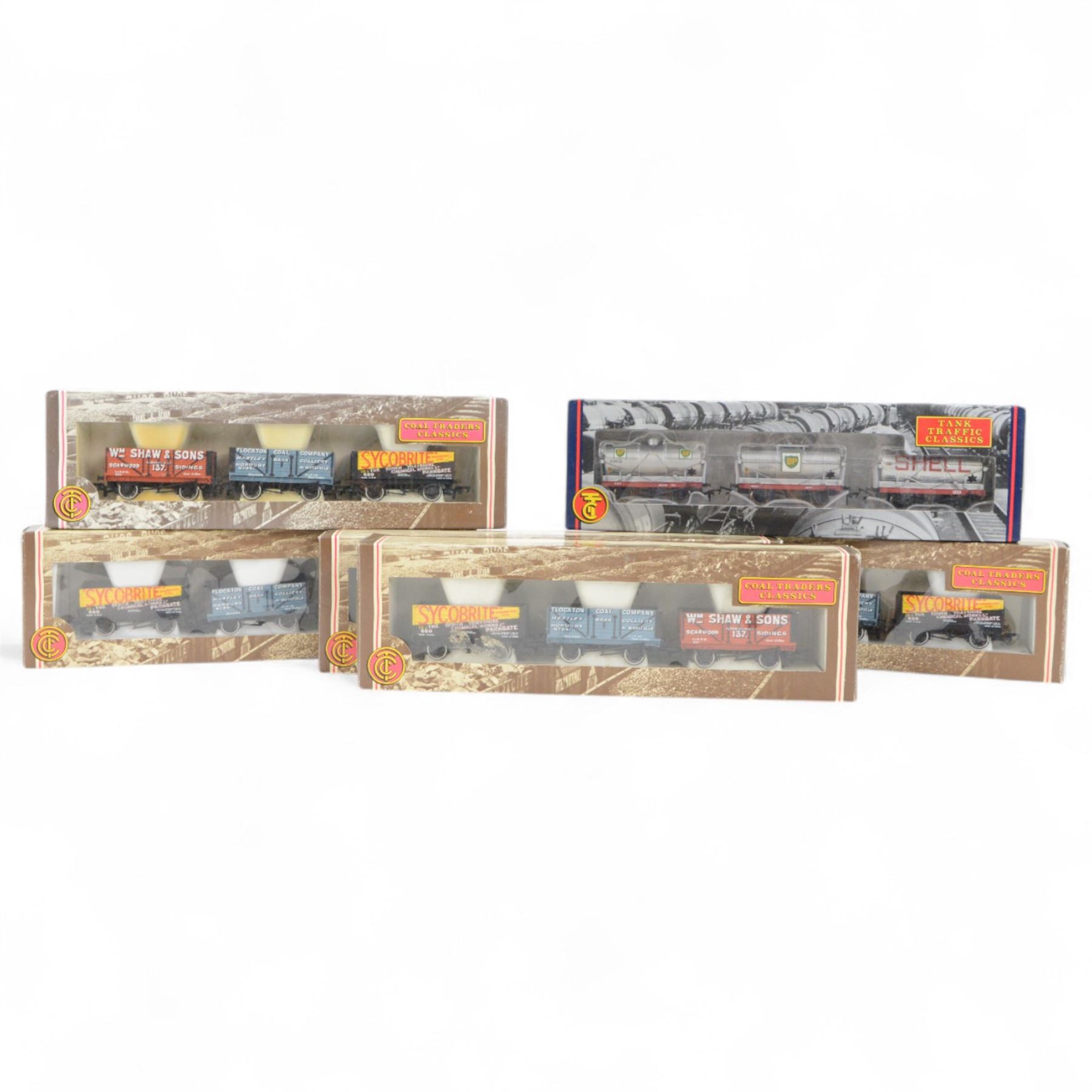 Six Bachmann 00 gauge Coal Traders Classics and Tank Traffic Classics triple wagon packs, comprising five 33033 Coal Traders Classics Yorkshire and one 37665 Tank Traffic Classics 14 Ton Tank Wagons in BP silver, all boxed