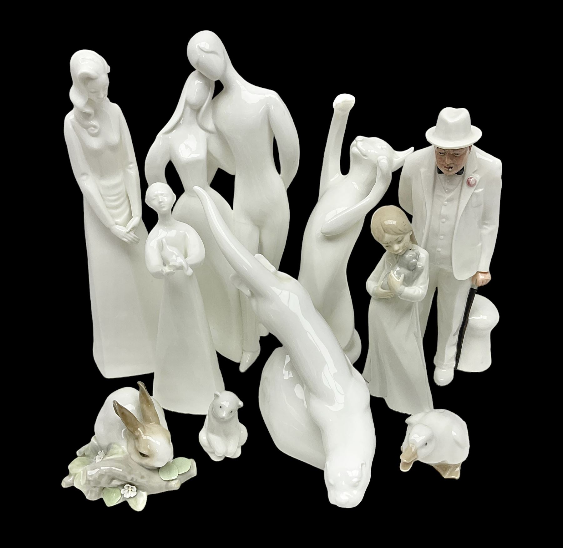 Six Royal Doulton figures, including Sir Winston Churchill HN3057, Peace HN2470, Lovers HN2762 etc, together with Lladro rabbit, and three Nao figures 