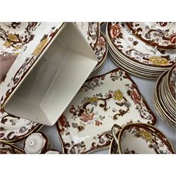 Masons Brown Velvet pattern tea and dinner wears, to include eight dinner plates, eight twin handled soup bowls and saucers, eight tea cups and saucers, cheese cover and plate, jug, meat platter etc (84)  