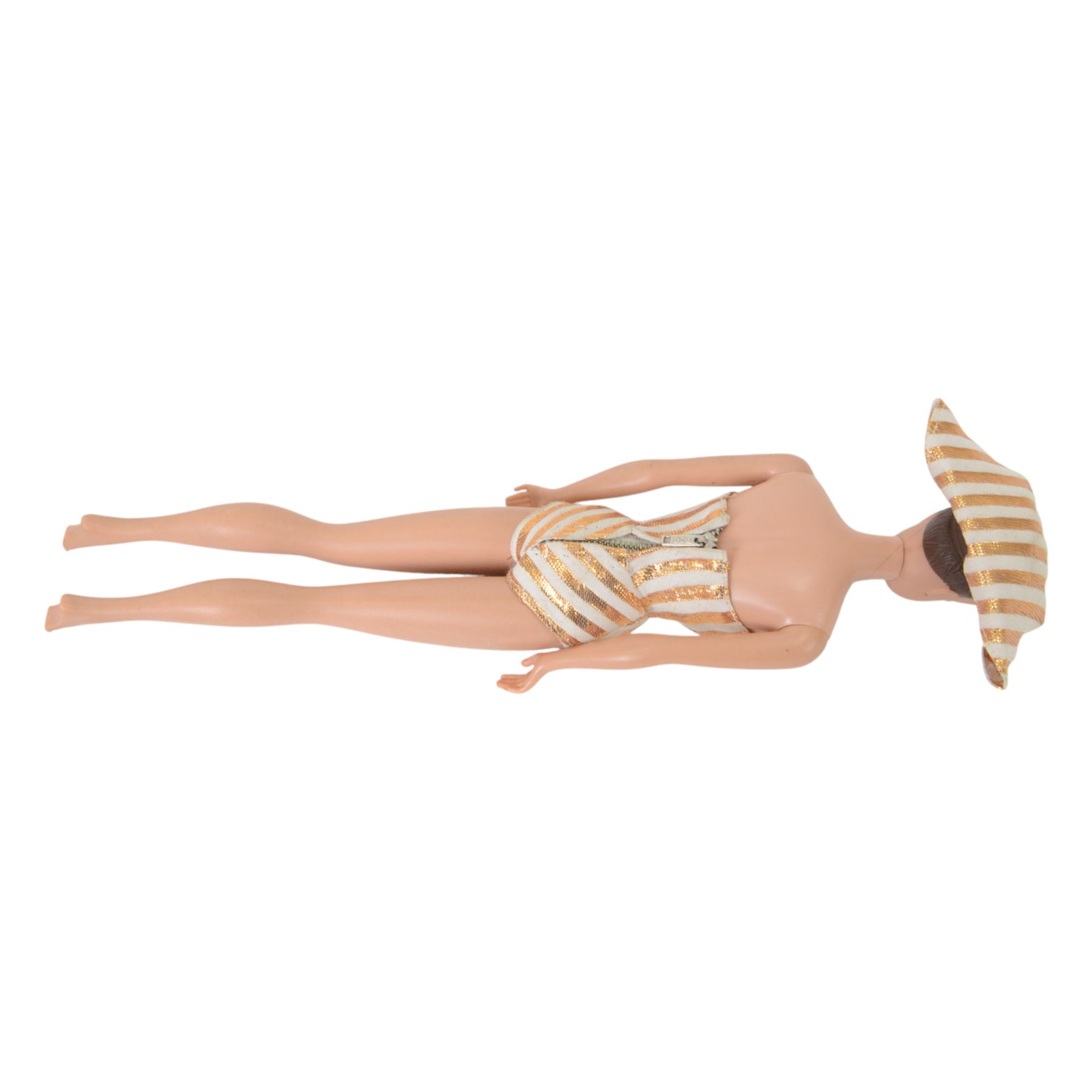 Collection of 1950s/60s Mattel Barbie dolls, including bubble cut Barbie circa 1962, with coral lips, blue eyeliner, red swimsuit and earrings, stamped 'JAPAN' to right foot, Fashion Queen Barbie, in gold and white swimsuit and headscarf, with three different wigs and a Ken doll circa 1961 in red striped shirt and shorts, together with a large quantity of 1960s Barbie and Sindy clothing, two doll stands and booklets