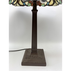  A Tiffany style table lamp, with glass shade detailed with butterflies and flowers, including shade H60cm.   