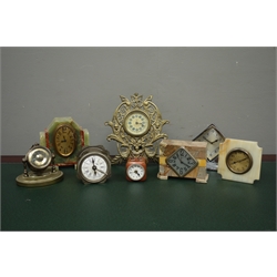  Collection of small clocks including 20th century ornate cast gilt metal timepiece, three marble clocks and four other clocks  