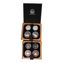 Seven Royal Canadian Mint 1976 'Montreal Olympics' silver proof four coin sets, each containing two five dollar and two ten dollar coins, each cased and boxed with certificates