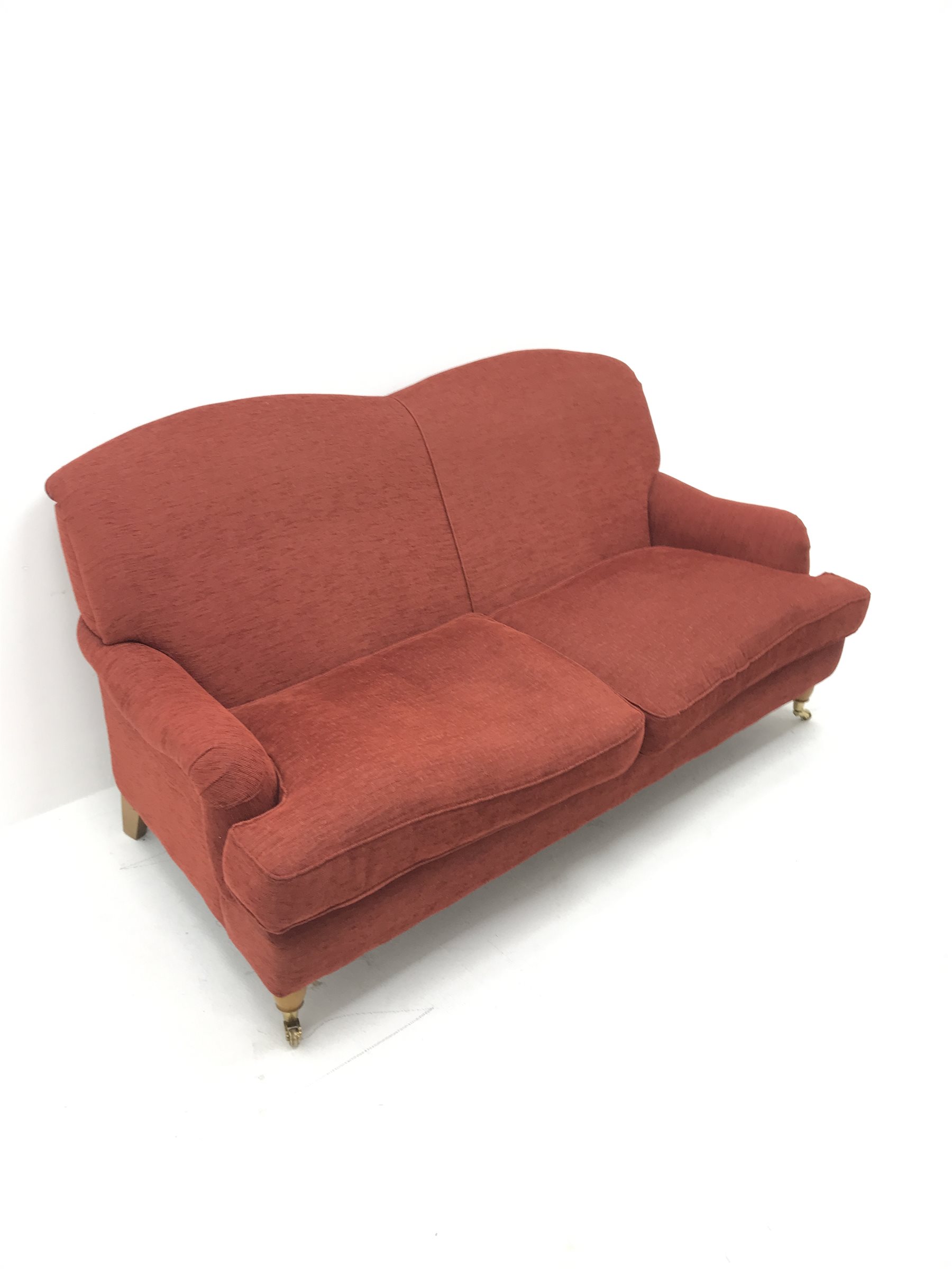 Laura Ashley Twickenham three seat sofa upholstered in a red fabric, turned supports (W188cm) and matching two seater (W160cm)