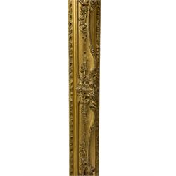 Victorian giltwood and gesso wall mirror, the deep swept frame decorated with scrolling foliate, acanthus leaf corner cartouches and applied trailing flower heads, the outer edge decorated with egg and dart foliage mouldings, plain mirror plate enclosed by scrolled foliate inner slip