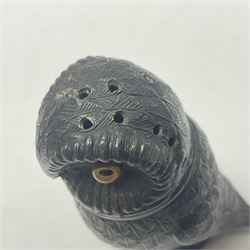 Novelty pewter pepper shaker in the form of an owl with screw off head and glass eyes