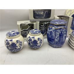 Collection of Ringtons tea wares in a selection of patterns including three ginger jars, bowl, jugs etc, together with twelve Wedgwood plates from The Wedgwood Blue and White Collection, etc 