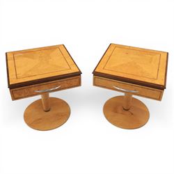 Art Deco style pair of walnut bedside tables, quarter matched veneered tops with crossband...