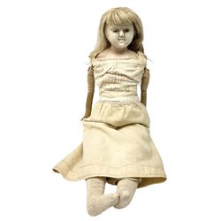 German composition head doll with applied hair, sleeping flirty eyes, open mouth with teeth and trembly tongue, and composition body with jointed limbs H43cm; three wax head dolls; and quantity of doll's clothing