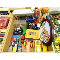  Large collection of diecast vehicles including ERTL Caterpillar  shovel, Corgi John Player Special and other incl. Dinky, Matchbox, Britains, Lledo, Days Gone, Franklin Mint Duessenburg, Great Beers of the World and other models, OO Gauge Blackpool Balloon Tram, boxed, Action man, Captain Scarlett torch, Hornby, Tri-ang and other similar items in three boxes  