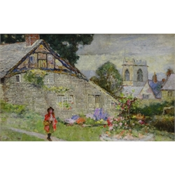 David Woodlock (British 1842-1929): Yew Tree Cottage and St Oswald's Church Bidston on the Wirral, oil on board signed 19.5cm x 31cm
