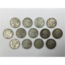 Thirteen Queen Victoria silver half crown coins, dated 1844, 1846, 1874, 1875, 1876, 1877, 1878, 1881, 1882, two 1883, 1886 and 1887