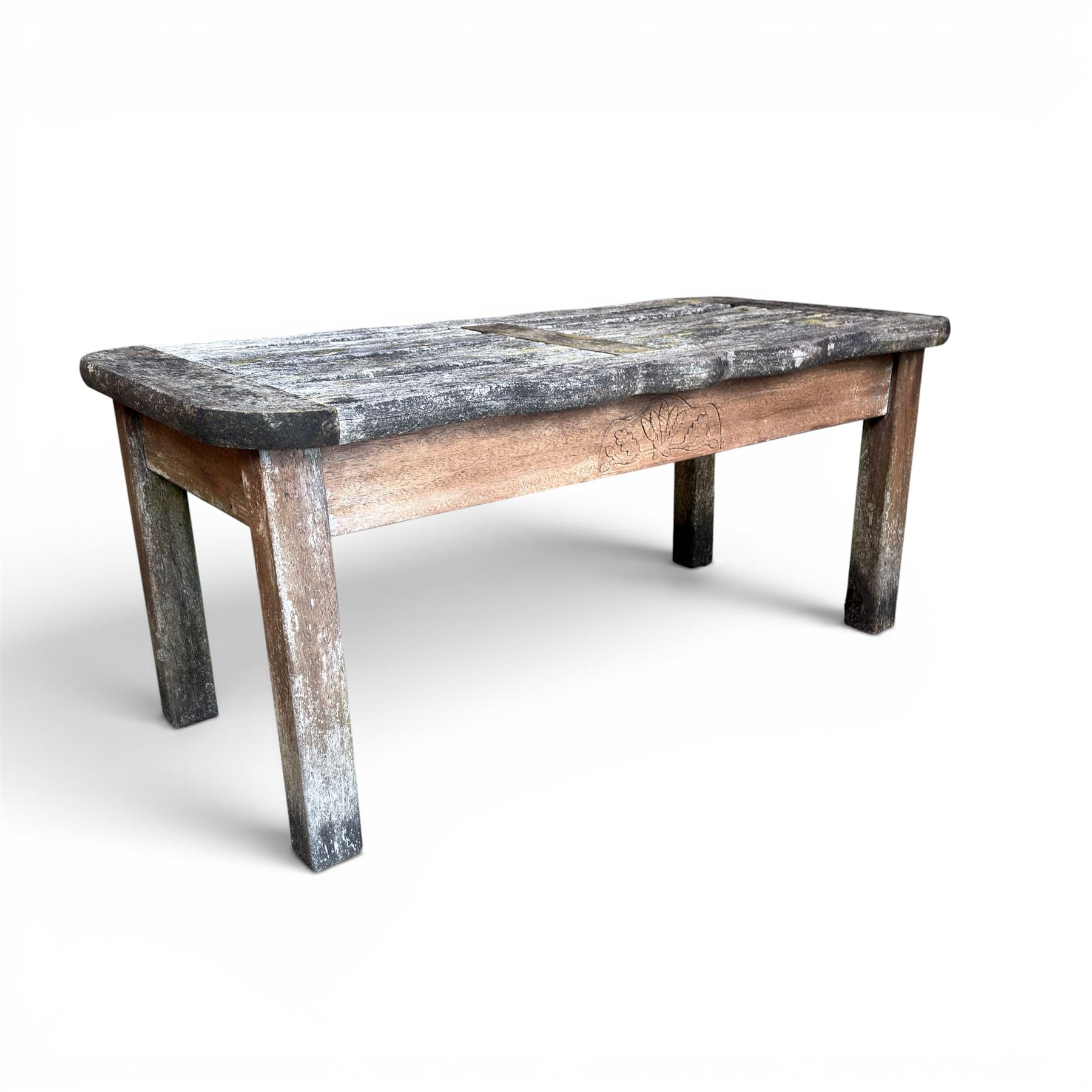 Teak garden bench, wavy shaped rail and slatted seat, with matching coffee table (2)