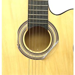 Brunswick electro-acoustic cutaway guitar with dark red gloss finish, built-in pick-up and on-board electronics, bears makers label numbered BTK60MPK L105cm; and a smaller Spider acoustic guitar; each in a soft carrying case (2)