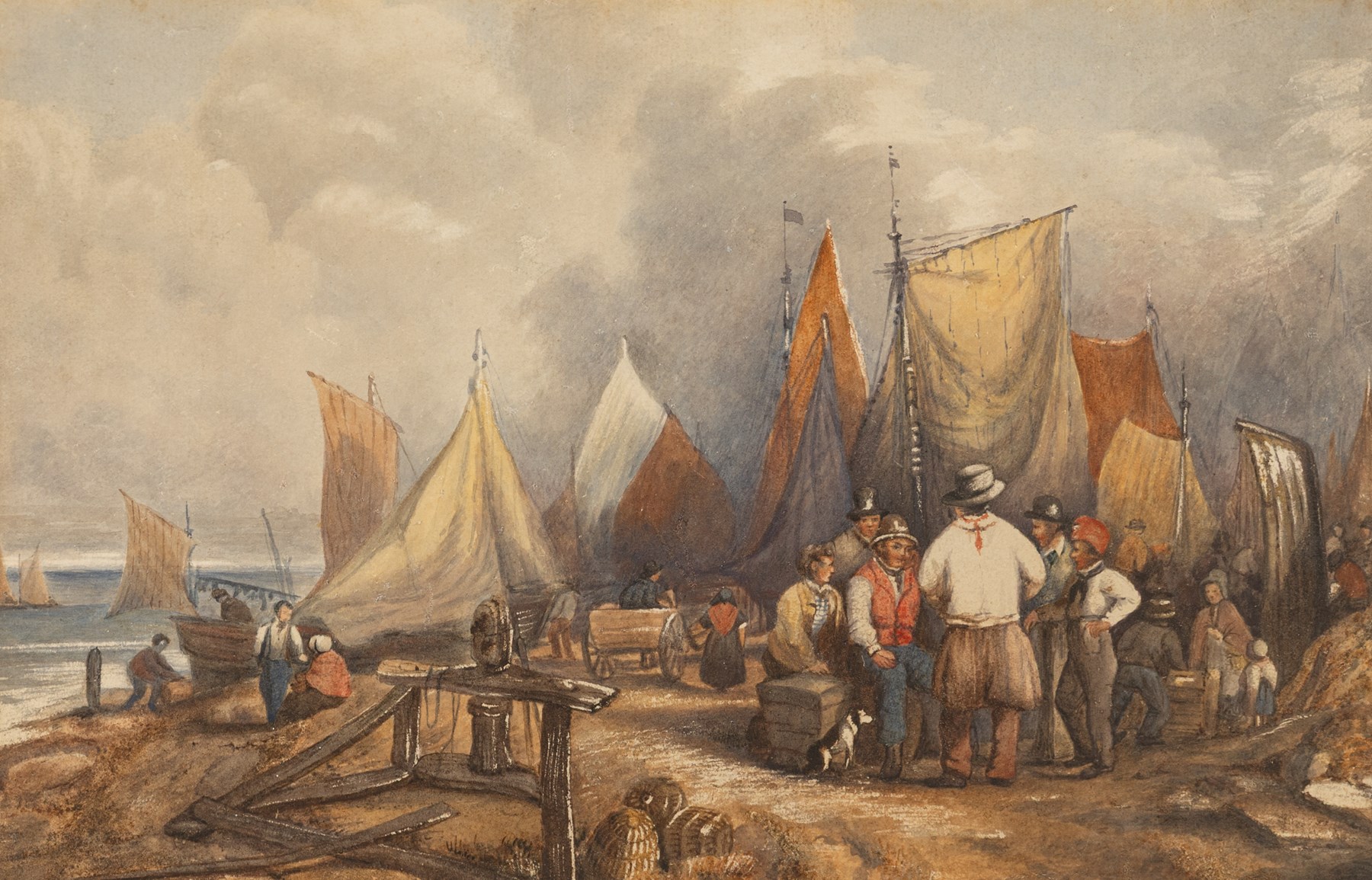 English School (19th century): Fisherfolk Gathered at Shore, watercolour unsigned 20.5cm x 32cm