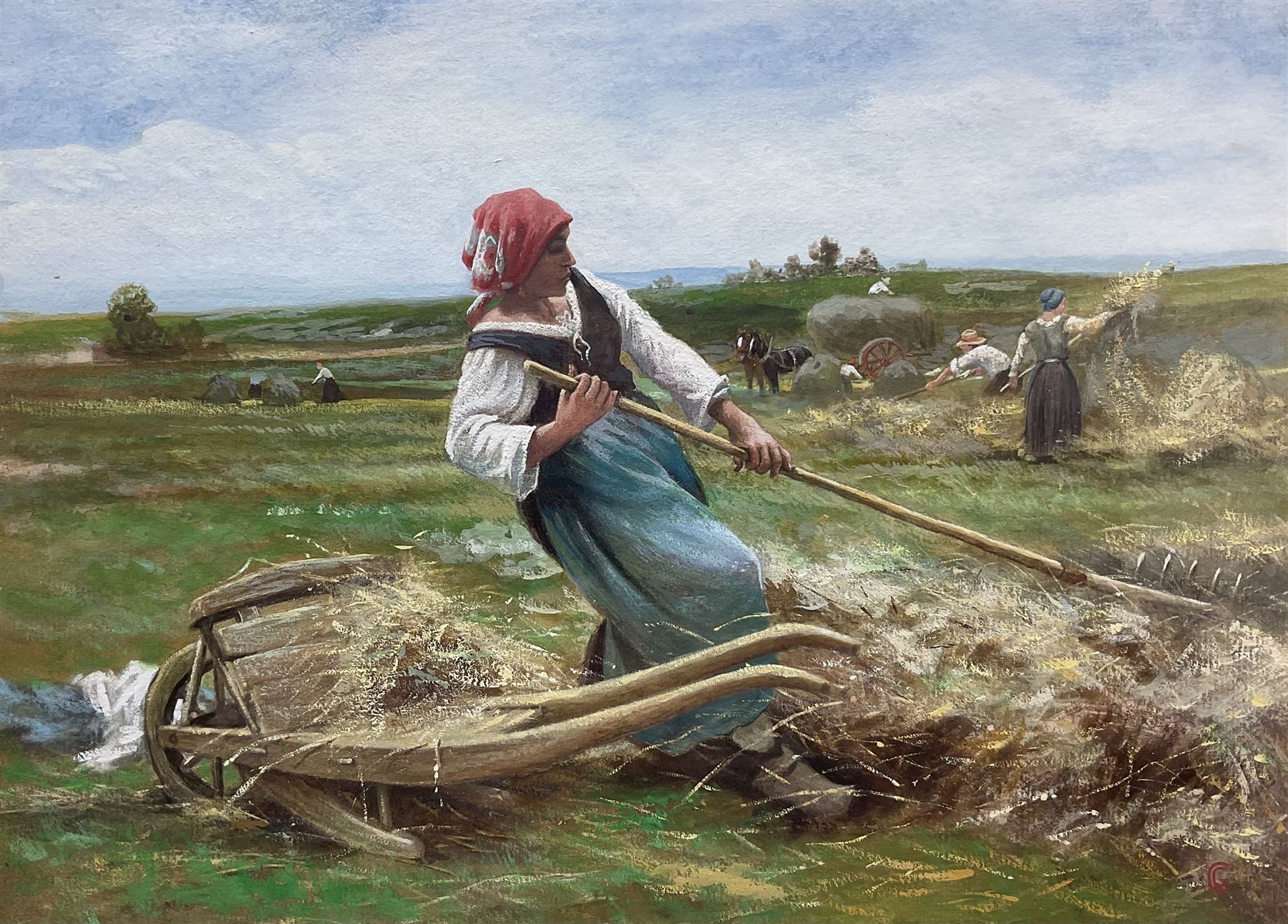 After Julien Dupré (French 1851–1910): ‘The Haymakers’, gouache signed with monogram CG 24cm x 33cm