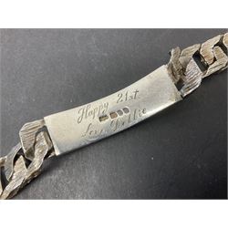 Heavy silver curb link identity bracelet, with textured links and presentation engraving to reverse, hallmarked 