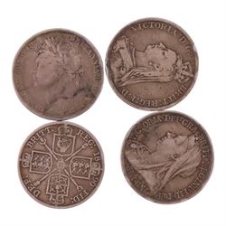 George IIII 1821 silver one crown coin, Queen Victoria 1889 silver one crown coin, Queen Victoria 1890 silver double florin coin, and Queen Victoria 1893 silver one crown coin (4)