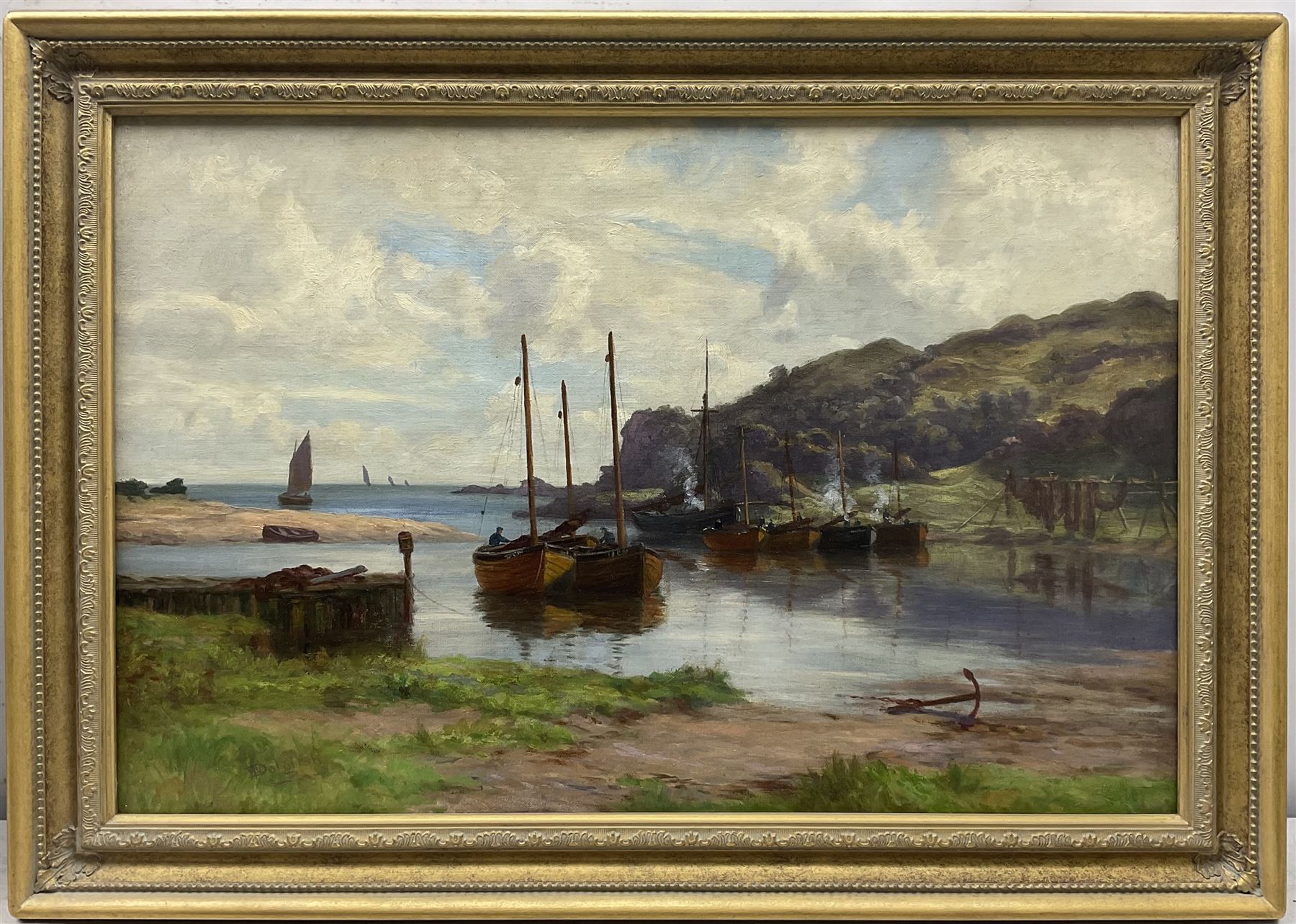 William Dalglish (Scottish 1860-1909): Campbeltown Boats at Rest, oil on canvas signed 39cm x 60cm 
Provenance: private collection, purchased James Alder Fine Art, Hexham; with McTear's Glasgow 15th May 2014 Lot 1645