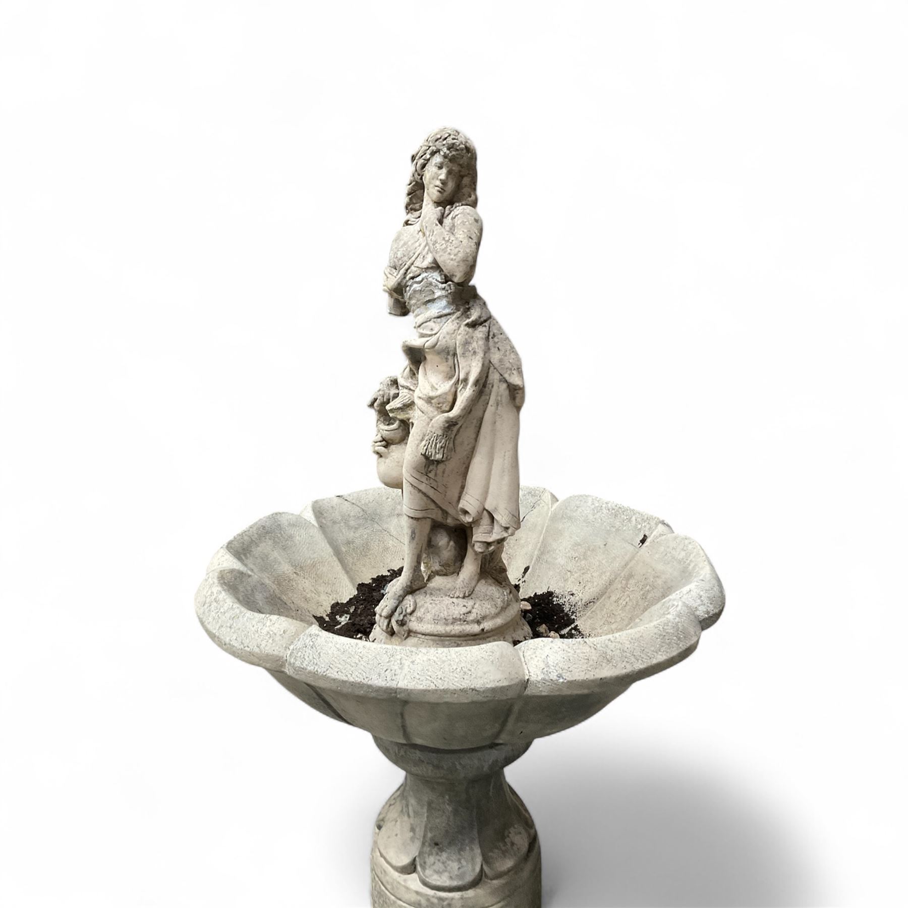 Cast stone garden centre-piece bird bath with raised female figure
