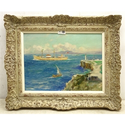  Frank Henry Mason (Staithes Group 1875-1965): 'MV Frederick T. Everard passing Europa Point Gibraltar, oil on board signed, title label verso 29cm x 39cm   Provenance: from the exors. of a North Yorkshire single owner collection of Maritime oils and watercolours    DDS - Artist's resale rights may apply to this lot     