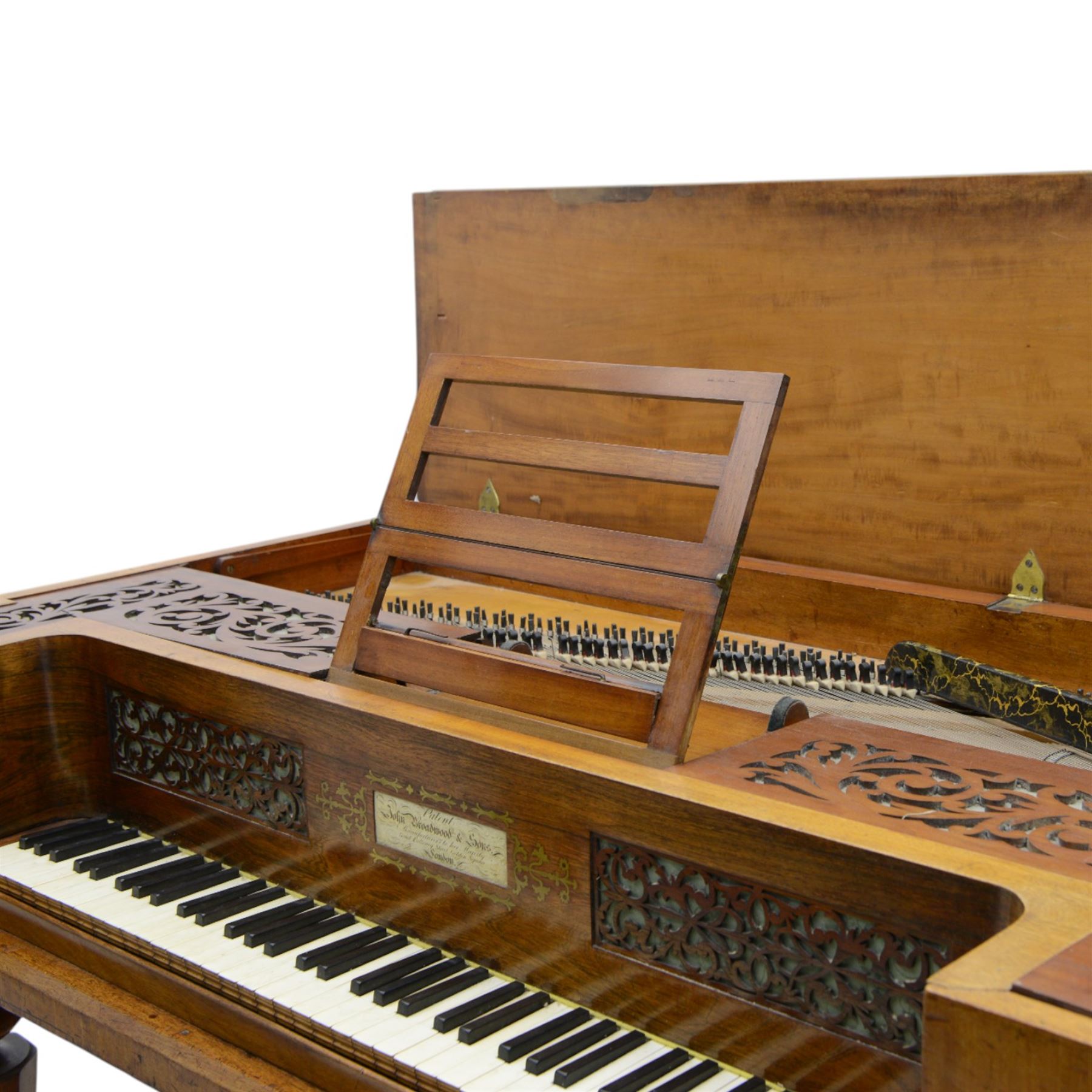 John Broadwood & Sons- Mid-19th century square piano in a light mahogany case serial No 57168 (1840), with four taper turned legs on castors and conforming sustaining pedal, with a 6 octave compass F1-G6 with 63 ivory and ebony keys, makers name with brass inlay and silk backed fretwork above the keys, recently restored action with new hammer heads, damper felts and strings, bi-strung with a steel brace and metal hitch pin plate with faux marbled decoration. 
This item has been registered for sale under section 10 of the APHA Ivory Act, Reference BS3HW755