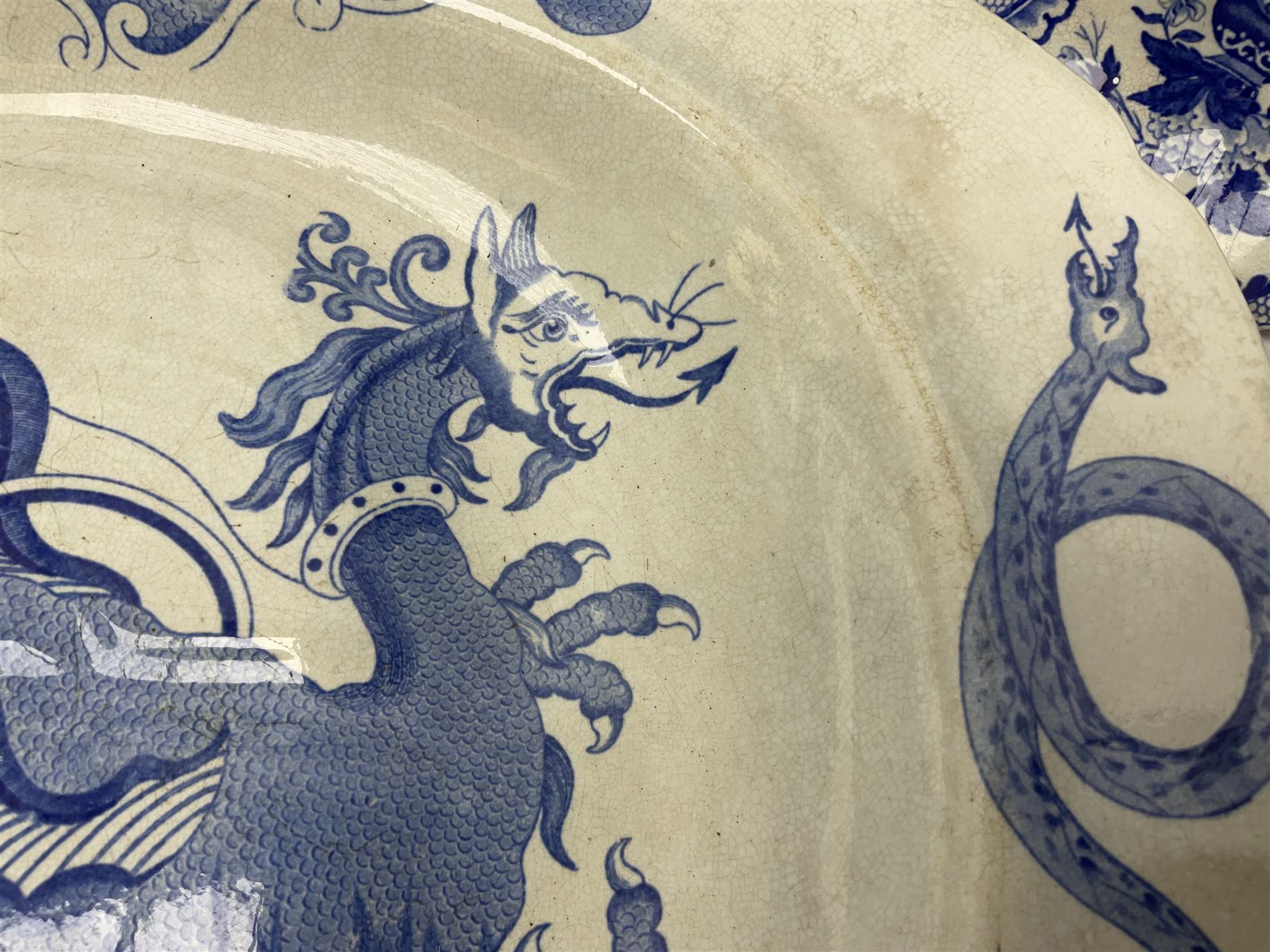 Minton Bombay pattern platter, together with Mason's meat platter, decorated with mythical beast, and two Cauldron Place Opaque China dishes 