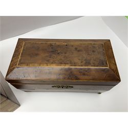 19th century burr yew wood tea caddy, of sarcophagus form, with strung details and brass mounts, the interior split into three compartments, upon four brass bun feet, together with an oak and brass bound writing slope, with red leather interior with gilt detailing, largest H16cm, W40cm