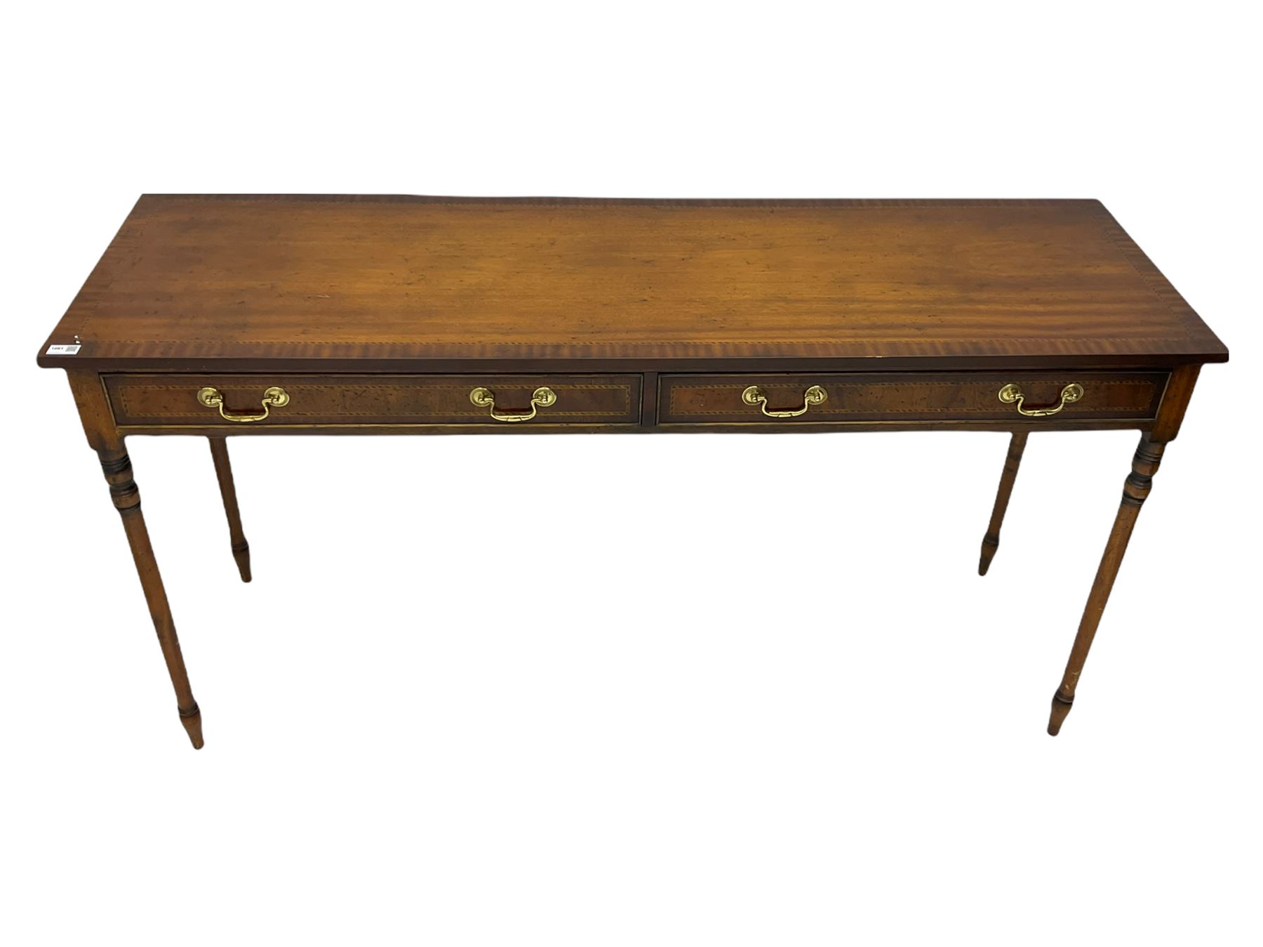 Georgian style mahogany side table, crossbanded and inlaid with chequered detail, fitted with two drawers