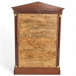 Rare pair of French Second-Empire neoclassical style mahogany mirrors with ormolu mounts, architectural pediment with central ormolu patera above flame mahogany frieze with honeysuckle flower and caryatid mounts, the frame with ormolu beading and bevelled mirror plates, flanked by turned columns with ormolu mounts above a reverse breakfront base, circa 1870