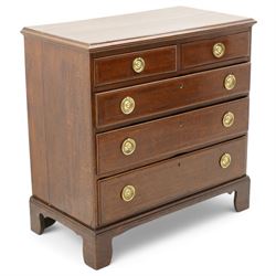 George III oak and mahogany banded chest, moulded rectangular top over two short and three long drawers, fitted with circular pressed brass handle plates and ring handles, on bracket feet