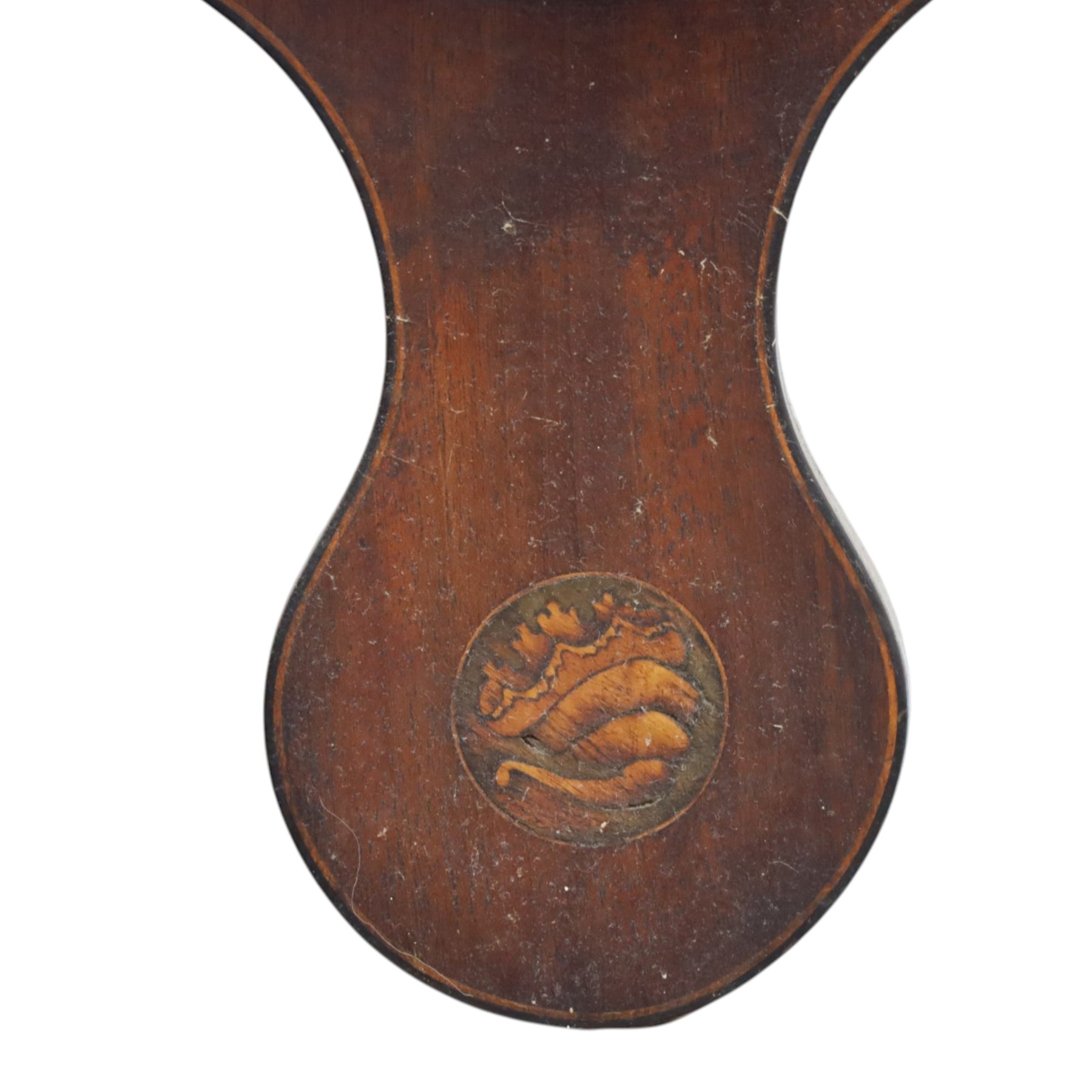 Three wheel barometers, a mother of pearl inlaid mahogany case, swan neck pediment, thermometer and circular dial, H 92cm, the second Sheraton Revival style with floral inlay, swan neck pediment, thermometer and circular dial, H 102cm, the third Sheraton Revival style, H 95cm (3)