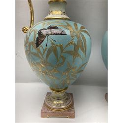 Pair rubian art pottery jugs and pair painted Doulton plates, jugs H42cm