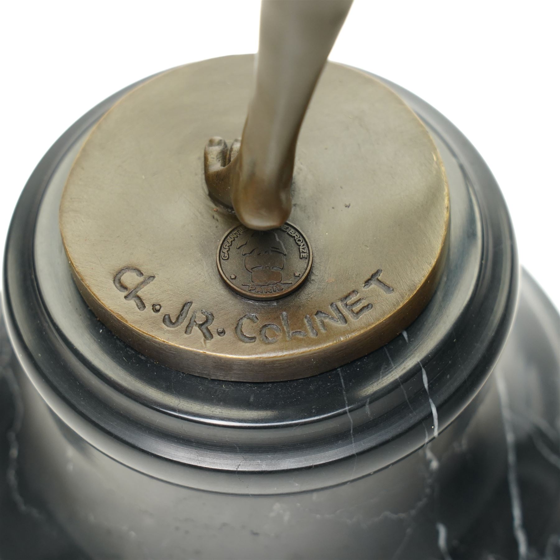 After Colinet - art deco style bronze of a juggler, on circular marble base, H43cm