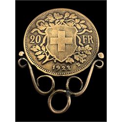 1920s Swiss gold coin with soldered gold plated pendant mount