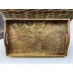 Twin handled basket, two display cases, book stand and a wooden tray