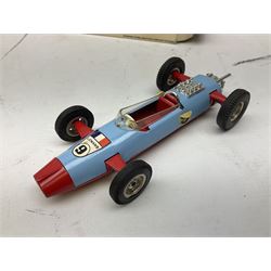 Various makers - Tri-ang Mini-Hi-Way Racing Car Series Le Mans No.9 racing car; Matchbox K-15 Merryweather Fire-Engine; Marx tin-plate Friction Helicopter; all boxed; and a Minic Motor Rally Adventure box containing a Jaguar Police car for spares or repair (4)