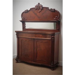 Victorian mahogany mirror chiffonier with floral carved cresting, serpentine front with single frieze drawer above two cupboard doors, turned supports, W126cm, H180cm, D43cm  