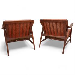  Arne Hovmand-Olsen (1919-1989) for Mogens Kold of Denmark - pair of mid-20th century teak open easy chairs, sprung loose cushions upholstered in loose foliate patterned burnt orange fabric, stamped to underside of chair