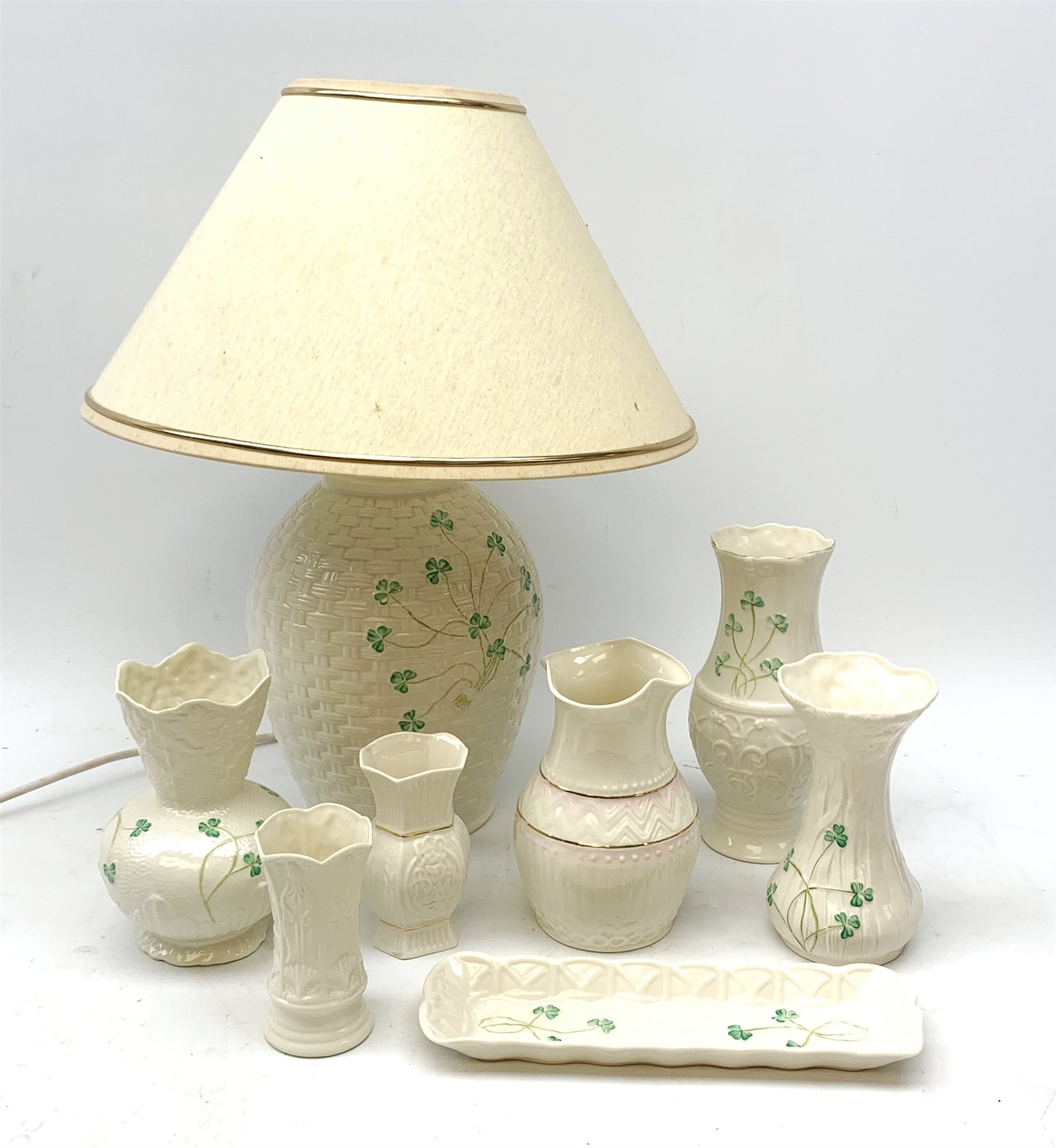 Belleek Basket-Weave table lamp decorated with shamrocks, H45cm (including shade) together with seven other pieces of Belleek 